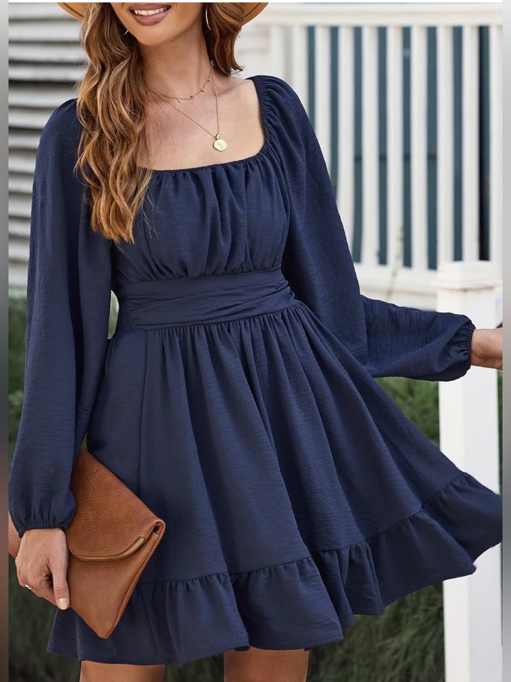 Square-Neck Long Sleeve Navy Mini Dress with Ruffle Hem